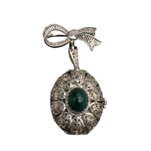 Vintage Hamilton 17J Brooch Watch 800 Silver Filigree Malachite Swiss Runs As-Is - Picture 2 of 11